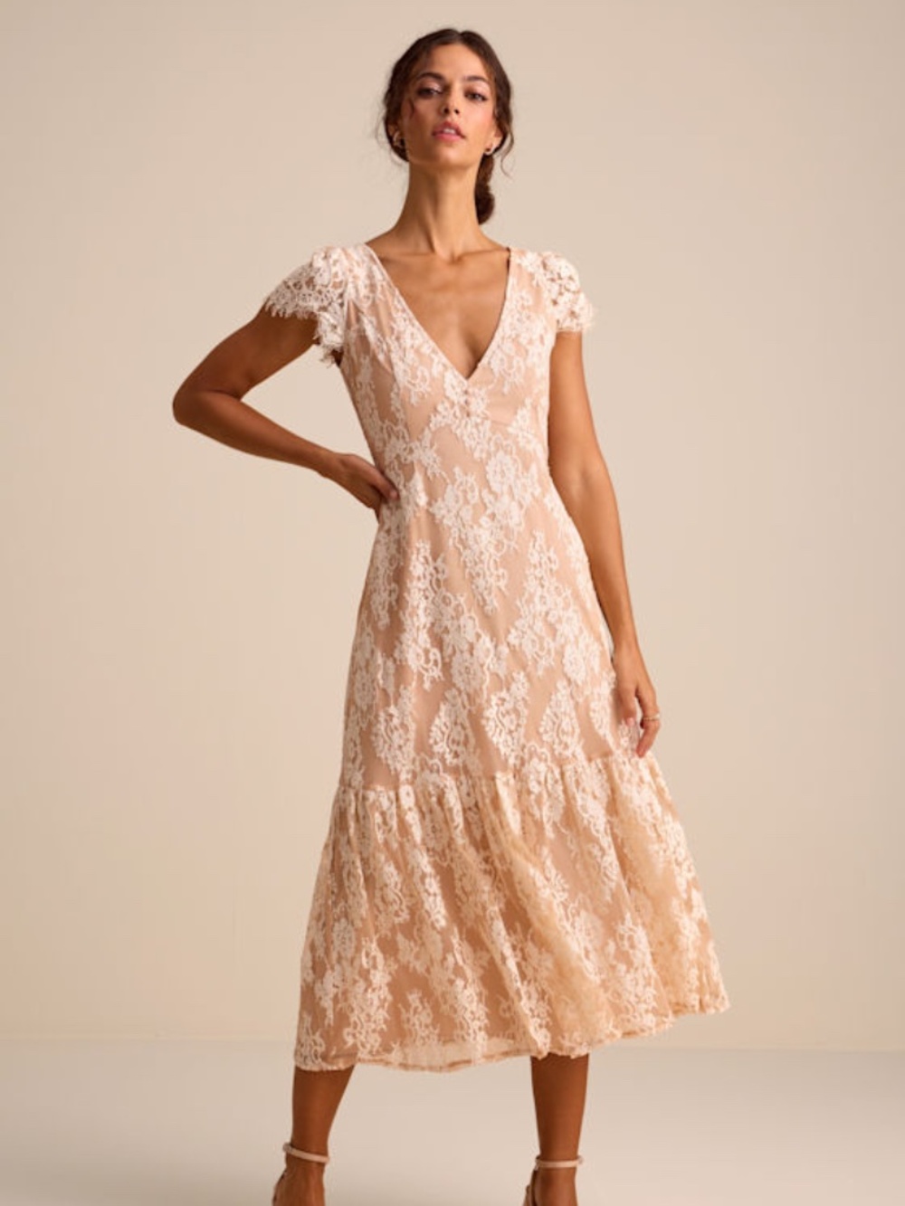 Lulus Rohanna Ivory And Blush Lace Short Sleeve Tiered Midi Dress White